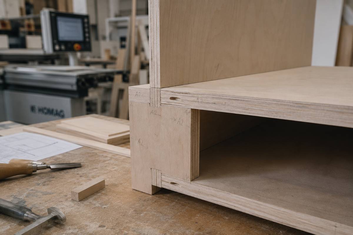 Proceso de fabricación en taller — carpintería y ensamblaje del stand de Leonardo